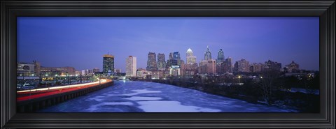 Framed Buildings lit up at night, Philadelphia, Pennsylvania, USA Print