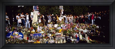 Framed Group of people standing in front of offerings at a memorial, New York City, New York State, USA Print