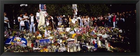 Framed Group of people standing in front of offerings at a memorial, New York City, New York State, USA Print