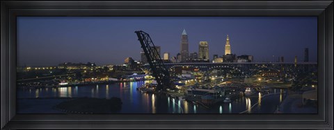 Framed Skyscrapers lit up at night in a city, Cleveland, Ohio, USA Print