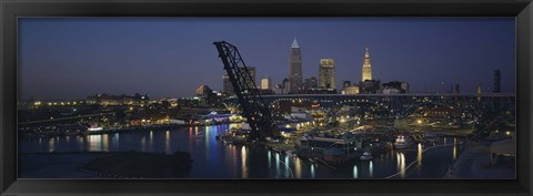 Framed Skyscrapers lit up at night in a city, Cleveland, Ohio, USA Print