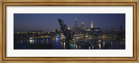 Framed Skyscrapers lit up at night in a city, Cleveland, Ohio, USA Print