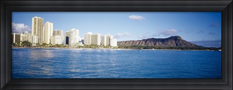 Framed Buildings at the waterfront with a volcanic mountain in the background, Honolulu, Oahu, Hawaii, USA Print