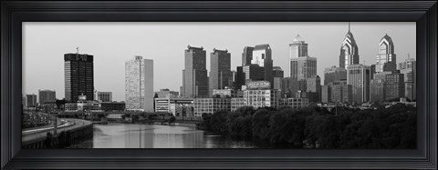 Framed River passing through a city in black and white, Philadelphia, Pennsylvania Print