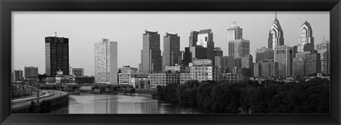 Framed River passing through a city in black and white, Philadelphia, Pennsylvania Print