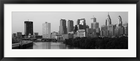 Framed River passing through a city in black and white, Philadelphia, Pennsylvania Print