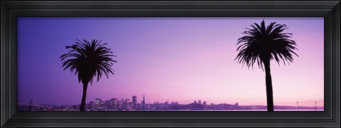 Framed San Francisco skyline between 2 palm trees, California Print