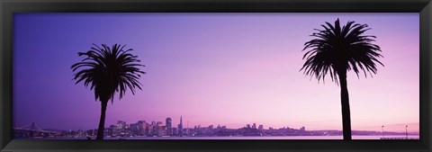 Framed San Francisco skyline between 2 palm trees, California Print