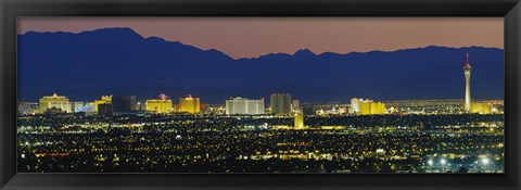 Framed Aerial View Of Buildings Lit Up At Dusk, Las Vegas, Nevada, USA Print