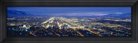 Framed Aerial view of a city lit up at dusk, Salt Lake City, Utah, USA Print