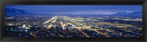 Framed Aerial view of a city lit up at dusk, Salt Lake City, Utah, USA Print