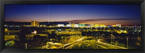 Framed High angle view of buildings lit up at dusk, Las Vegas, Nevada, USA Print