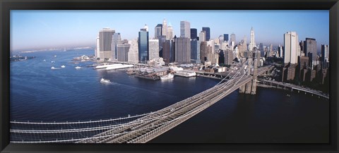 Framed Aerial View Of Brooklyn Bridge, Lower Manhattan, NYC, New York City, New York State, USA Print