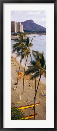 Framed High angle view of tourists on the beach, Waikiki Beach, Honolulu, Oahu, Hawaii, USA Print