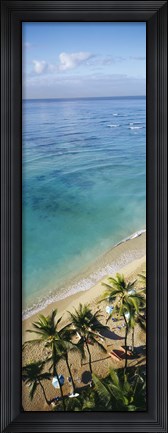 Framed High angle view of palm trees with beach umbrellas on the beach, Waikiki Beach, Honolulu, Oahu, Hawaii, USA Print