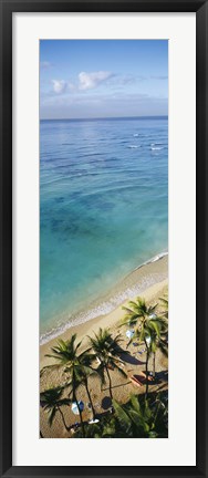 Framed High angle view of palm trees with beach umbrellas on the beach, Waikiki Beach, Honolulu, Oahu, Hawaii, USA Print