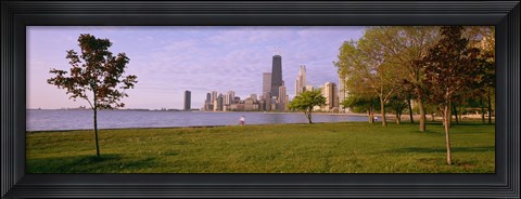 Framed Trees in a park with lake and buildings in the background, Lincoln Park, Lake Michigan, Chicago, Illinois, USA Print