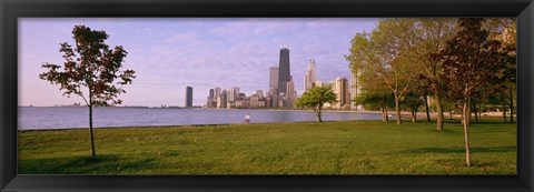 Framed Trees in a park with lake and buildings in the background, Lincoln Park, Lake Michigan, Chicago, Illinois, USA Print