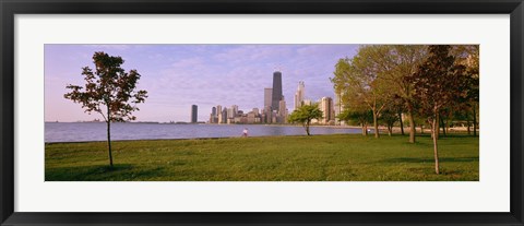 Framed Trees in a park with lake and buildings in the background, Lincoln Park, Lake Michigan, Chicago, Illinois, USA Print