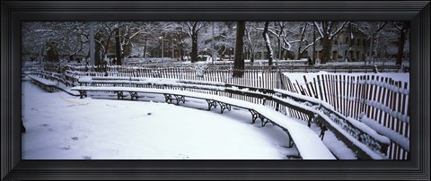 Framed Snowcapped benches in a park, Washington Square Park, New York City Print