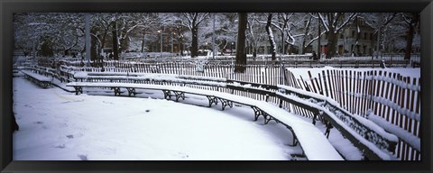 Framed Snowcapped benches in a park, Washington Square Park, New York City Print