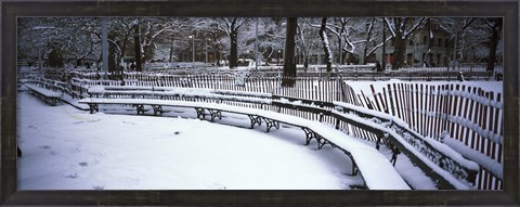 Framed Snowcapped benches in a park, Washington Square Park, New York City Print