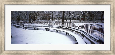 Framed Snowcapped benches in a park, Washington Square Park, New York City Print