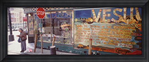 Framed USA, California, San Francisco, Little Italy, Senior man standing outside a bar Print