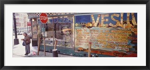 Framed USA, California, San Francisco, Little Italy, Senior man standing outside a bar Print