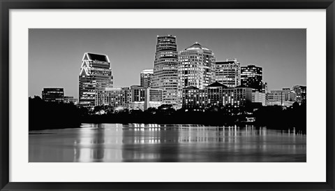 Framed USA, Texas, Austin, Panoramic view of a city skyline (Black And White) Print