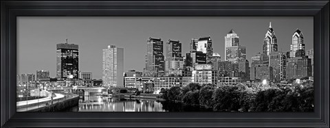 Framed Philadelphia, Pennsylvania Skyline at Night (black and white) Print