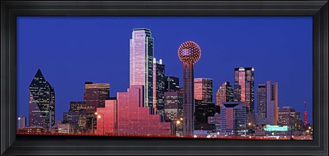 Framed USA, Texas, Dallas, Panoramic view of an urban skyline at night Print