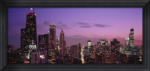 Framed Chicago Buildings lit up at dusk Print