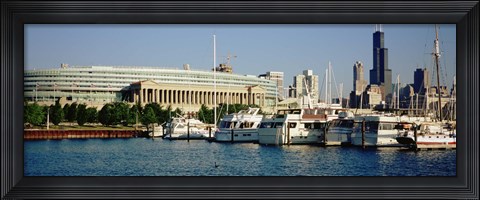 Framed Boats Moored At A Dock, Chicago, Illinois, USA Print