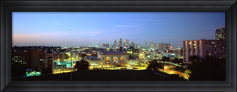 Framed High Angle View Of A City Lit Up At Dusk, Kansas City, Missouri Print