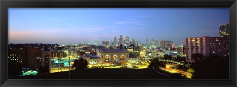 Framed High Angle View Of A City Lit Up At Dusk, Kansas City, Missouri Print