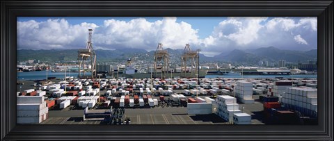 Framed Containers And Cranes At A Harbor, Honolulu Harbor, Hawaii, USA Print