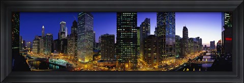 Framed River and Buildings Lit Up At Dusk, Chicago, Illinois Print