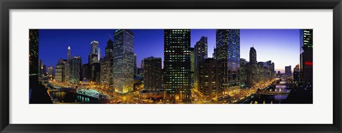 Framed River and Buildings Lit Up At Dusk, Chicago, Illinois Print