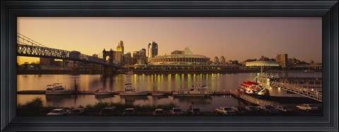 Framed Buildings in a city lit up at dusk, Cincinnati, Ohio, USA Print