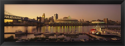 Framed Buildings in a city lit up at dusk, Cincinnati, Ohio, USA Print