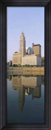 Framed Reflection of buildings in a river, Scioto River, Columbus, Ohio, USA Print
