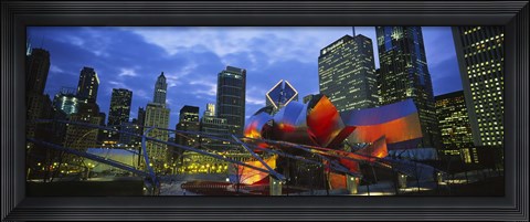 Framed Low angle view of buildings lit up at night, Millennium Park, Chicago, Illinois, USA Print