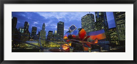 Framed Low angle view of buildings lit up at night, Millennium Park, Chicago, Illinois, USA Print