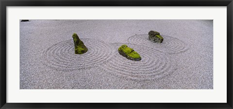 Framed High angle view of moss on three stones in a Zen garden, Washington Park, Portland, Oregon, USA Print