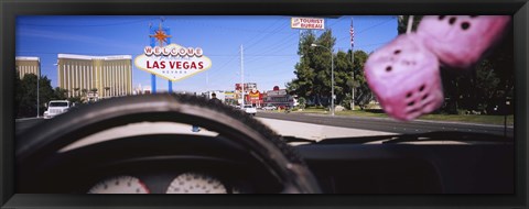 Framed Welcome sign board at a road side viewed from a car, Las Vegas, Nevada Print