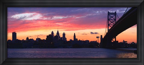 Framed Silhouette of a suspension bridge across a river, Ben Franklin Bridge, Delaware River, Philadelphia, Pennsylvania, USA Print