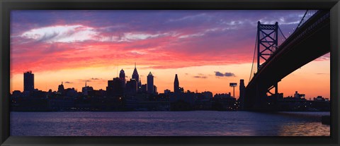 Framed Silhouette of a suspension bridge across a river, Ben Franklin Bridge, Delaware River, Philadelphia, Pennsylvania, USA Print