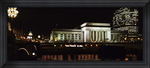 Framed Buildings lit up at night at a railroad station, 30th Street Station, Schuylkill River, Philadelphia, Pennsylvania, USA Print