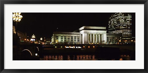 Framed Buildings lit up at night at a railroad station, 30th Street Station, Schuylkill River, Philadelphia, Pennsylvania, USA Print